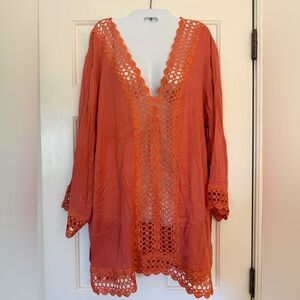 NWT Lagaci Orange pink Crochet Trim Tunic Top swim cover up